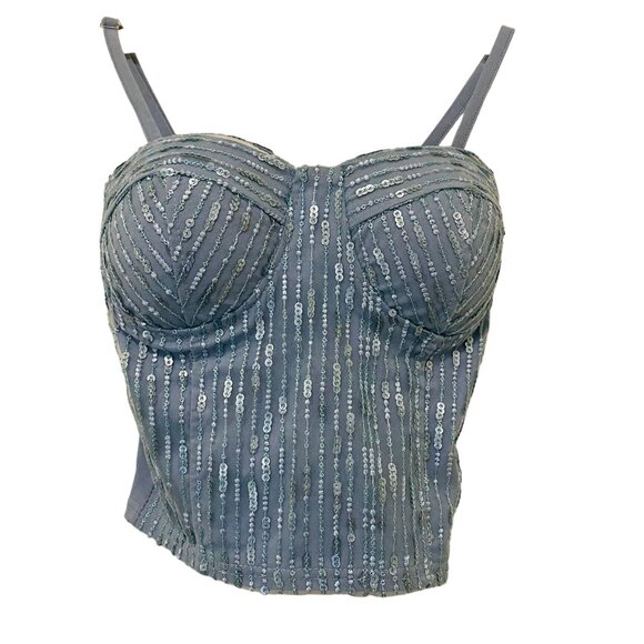 Jezbelroxii Womens Sequin Bustier Crop Top Blue Silver Size Small - Picture 3 of 4